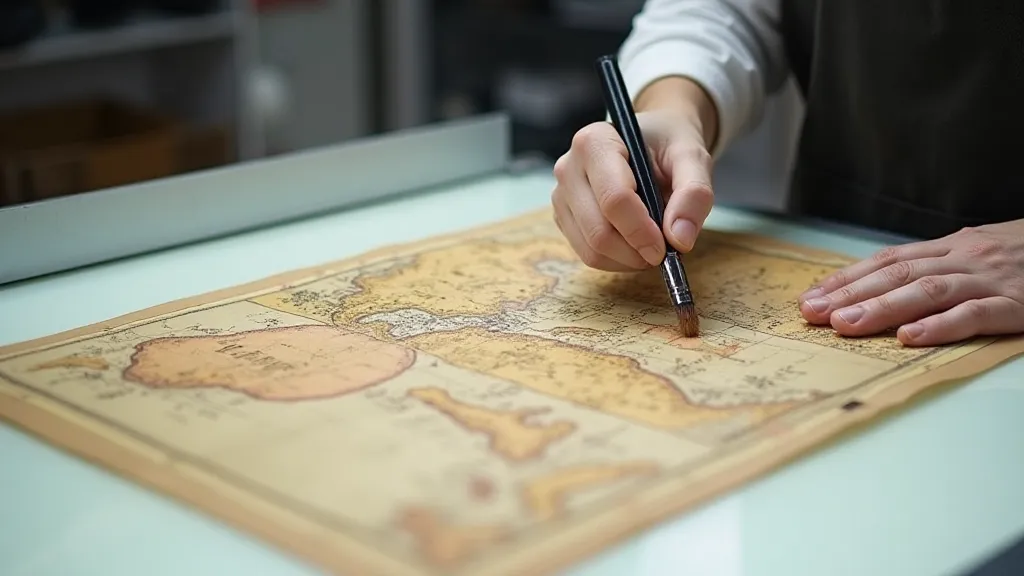 A conservator examining a vintage map.