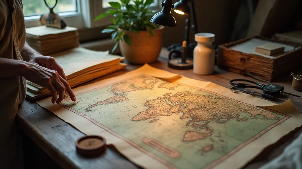 A conservator examining a vintage map