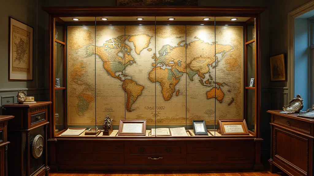 A display of vintage maps in an antique setting