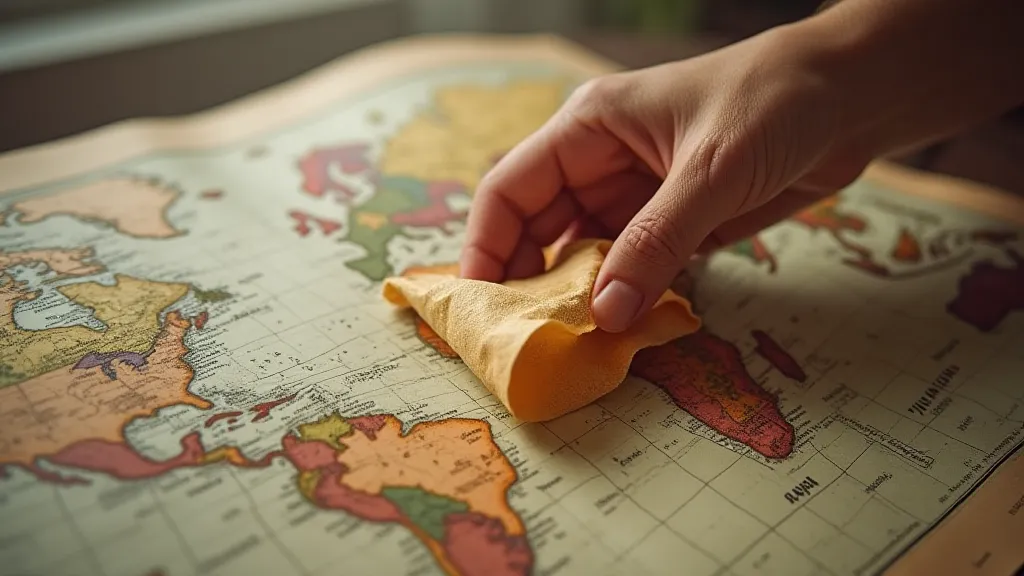 Hand unfolding an antique world map